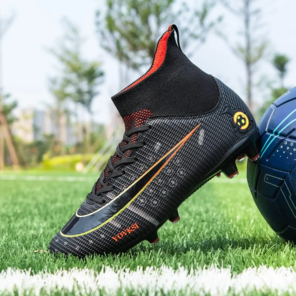 Men's Soccer Shoes Football Cleats with Lace-Up High Top Lightweight Indoor TF Turf Cleats Sneaker