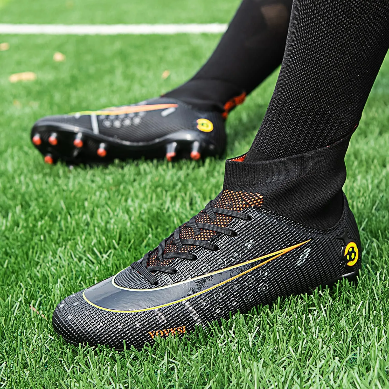 Men's Soccer Shoes Football Cleats with Lace-Up High Top Lightweight Indoor TF Turf Cleats Sneaker