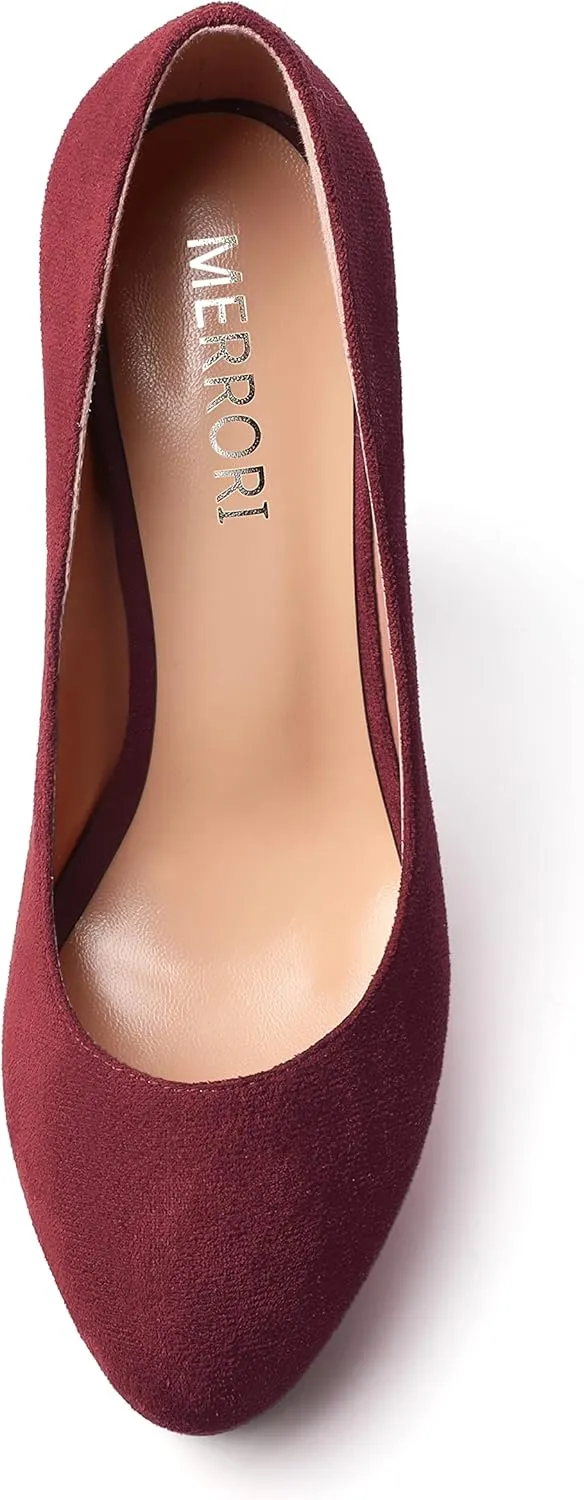 MERRORI Womens Round Toe Platform Party Suede Slip On Sexy Solid Chunky Super Super High Heel Pumps Shoes 5 Inch