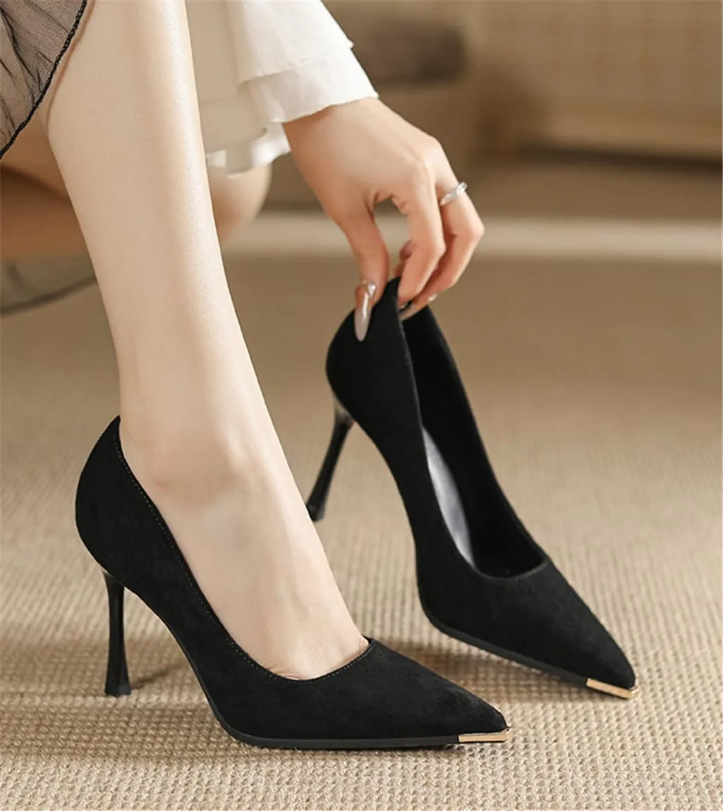 Metal Toe Anti-Kick Pointed Fine Heel Suede Satin High Heels Women Solid Colour 9cm/3.54in High Heel Shoes