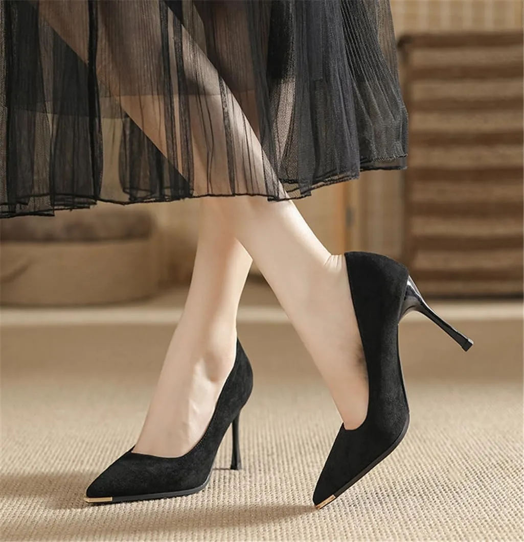 Metal Toe Anti-Kick Pointed Fine Heel Suede Satin High Heels Women Solid Colour 9cm/3.54in High Heel Shoes
