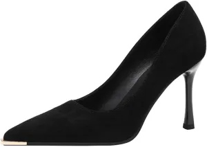 Metal Toe Anti-Kick Pointed Fine Heel Suede Satin High Heels Women Solid Colour 9cm/3.54in High Heel Shoes