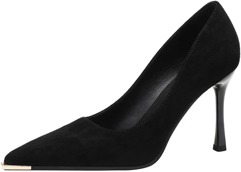 Metal Toe Anti-Kick Pointed Fine Heel Suede Satin High Heels Women Solid Colour 9cm/3.54in High Heel Shoes