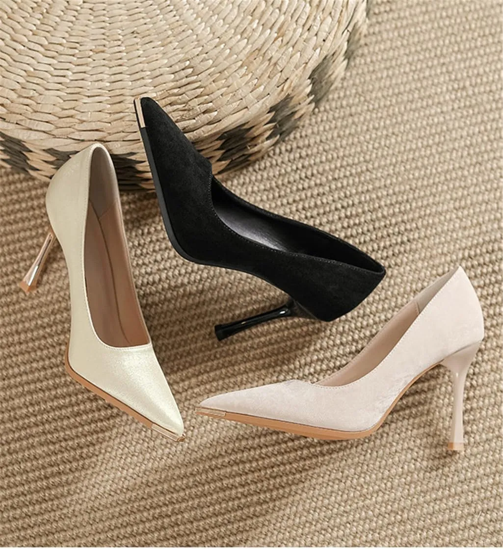 Metal Toe Anti-Kick Pointed Fine Heel Suede Satin High Heels Women Solid Colour 9cm/3.54in High Heel Shoes