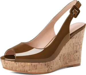 Mettesally Womens Slingback Heels High Wedge Platform Sandals Peep Round Toe 3.9 Inch Cork Sole Pumps Elegant Summer Office Dress Shoes