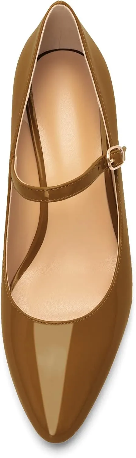 Mettesally Women's Wedge Pumps Pointed Toe Ankle Strap Mid Heel Comfortable Dress Shoes