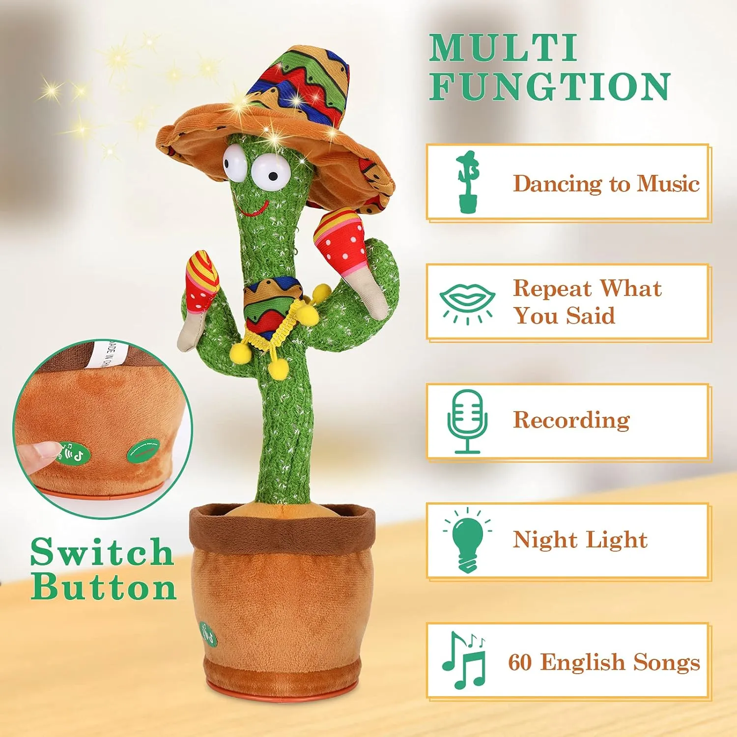 MIAODAM Talking Cactus Dancing Cactus Toy for Baby Toddler, Singing Cactus Repeats What You Say for Kids with 60 English Songs Mimicking Cactus Toy for Baby Gift