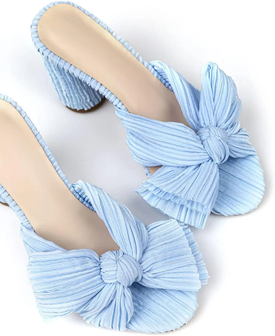 MICIFA Women's Bow Heeled Sandals Slip On Open Toe Block Chunky Heel Sandals Bride Wedding Dress Shoes
