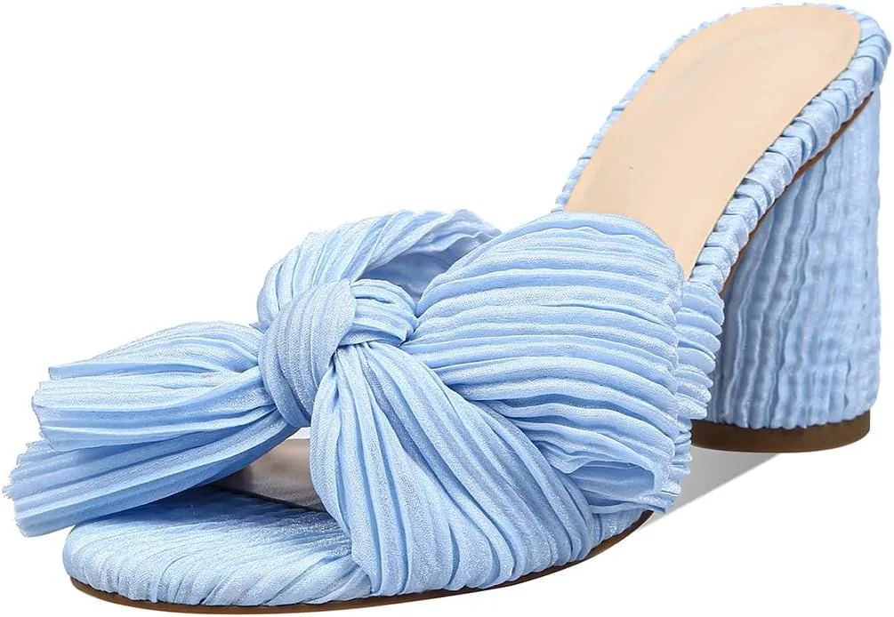 MICIFA Women's Bow Heeled Sandals Slip On Open Toe Block Chunky Heel Sandals Bride Wedding Dress Shoes