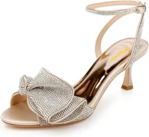 Milooey shoes Womens Glitter Rhinestone Bow Heeled Sandal Elegant Crystal Ankle Strap Kitten Heels Open Toe Dress Wedding Party Evening Shoe Size 4-16 US