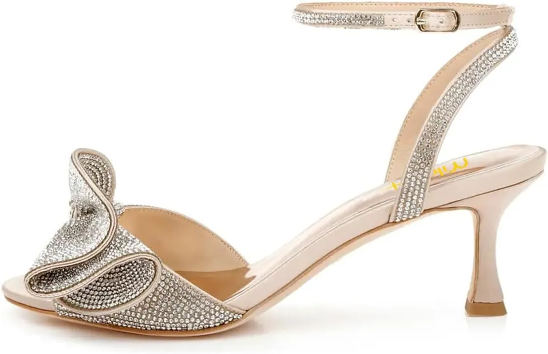 Milooey shoes Womens Glitter Rhinestone Bow Heeled Sandal Elegant Crystal Ankle Strap Kitten Heels Open Toe Dress Wedding Party Evening Shoe Size 4-16 US