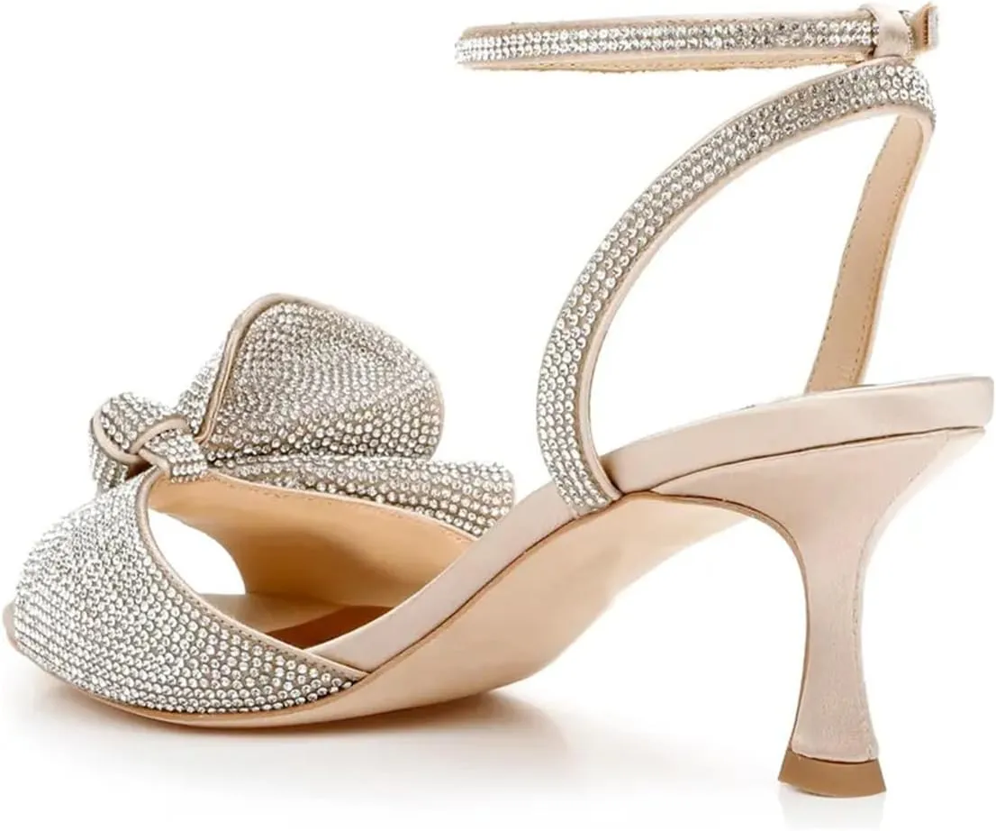 Milooey shoes Womens Glitter Rhinestone Bow Heeled Sandal Elegant Crystal Ankle Strap Kitten Heels Open Toe Dress Wedding Party Evening Shoe Size 4-16 US