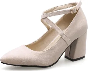 MIOKE Women's Fashion Pointed Toe Mid Block Heel Pumps Suede Pearl Buckle Strap Classic Elegant Dress Shoes