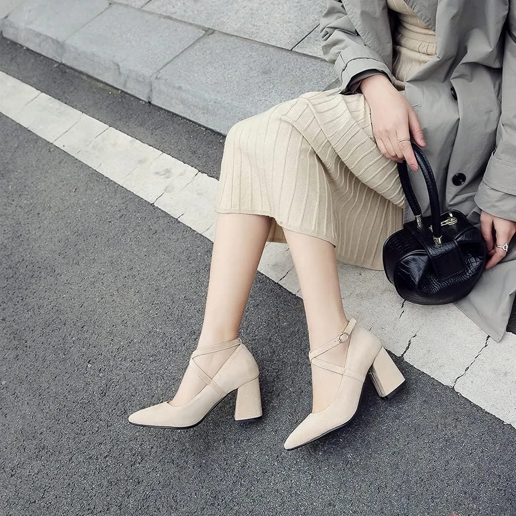 MIOKE Women's Fashion Pointed Toe Mid Block Heel Pumps Suede Pearl Buckle Strap Classic Elegant Dress Shoes