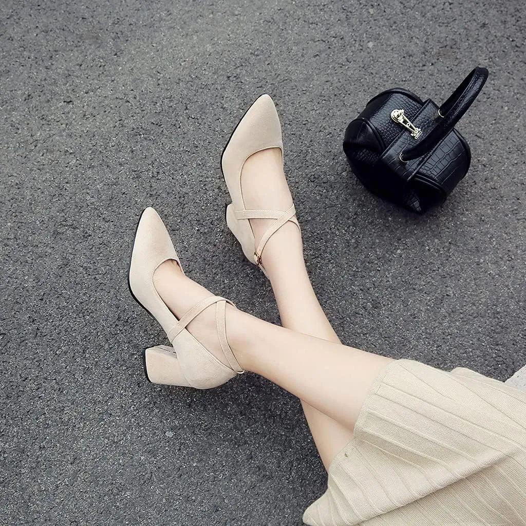 MIOKE Women's Fashion Pointed Toe Mid Block Heel Pumps Suede Pearl Buckle Strap Classic Elegant Dress Shoes