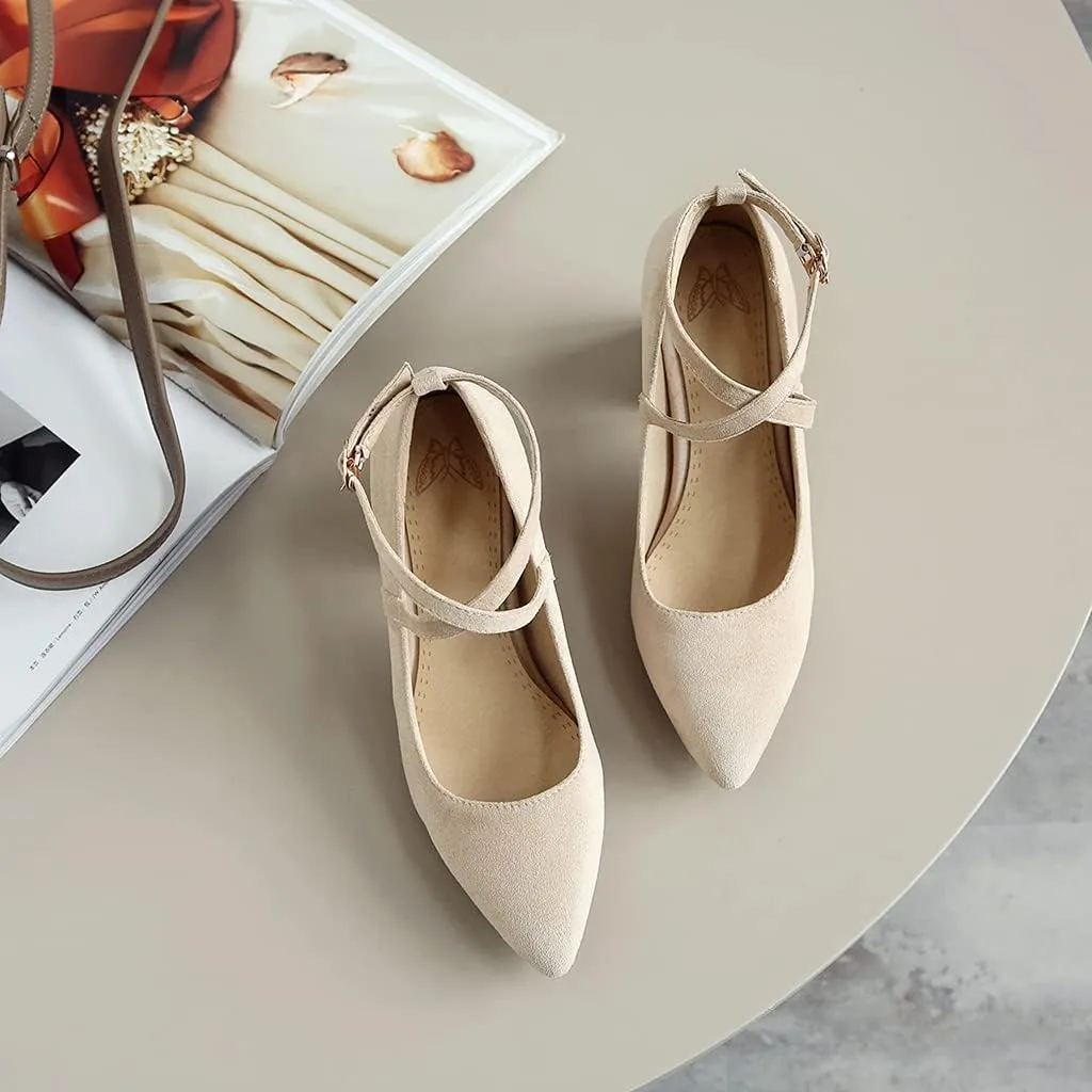 MIOKE Women's Fashion Pointed Toe Mid Block Heel Pumps Suede Pearl Buckle Strap Classic Elegant Dress Shoes