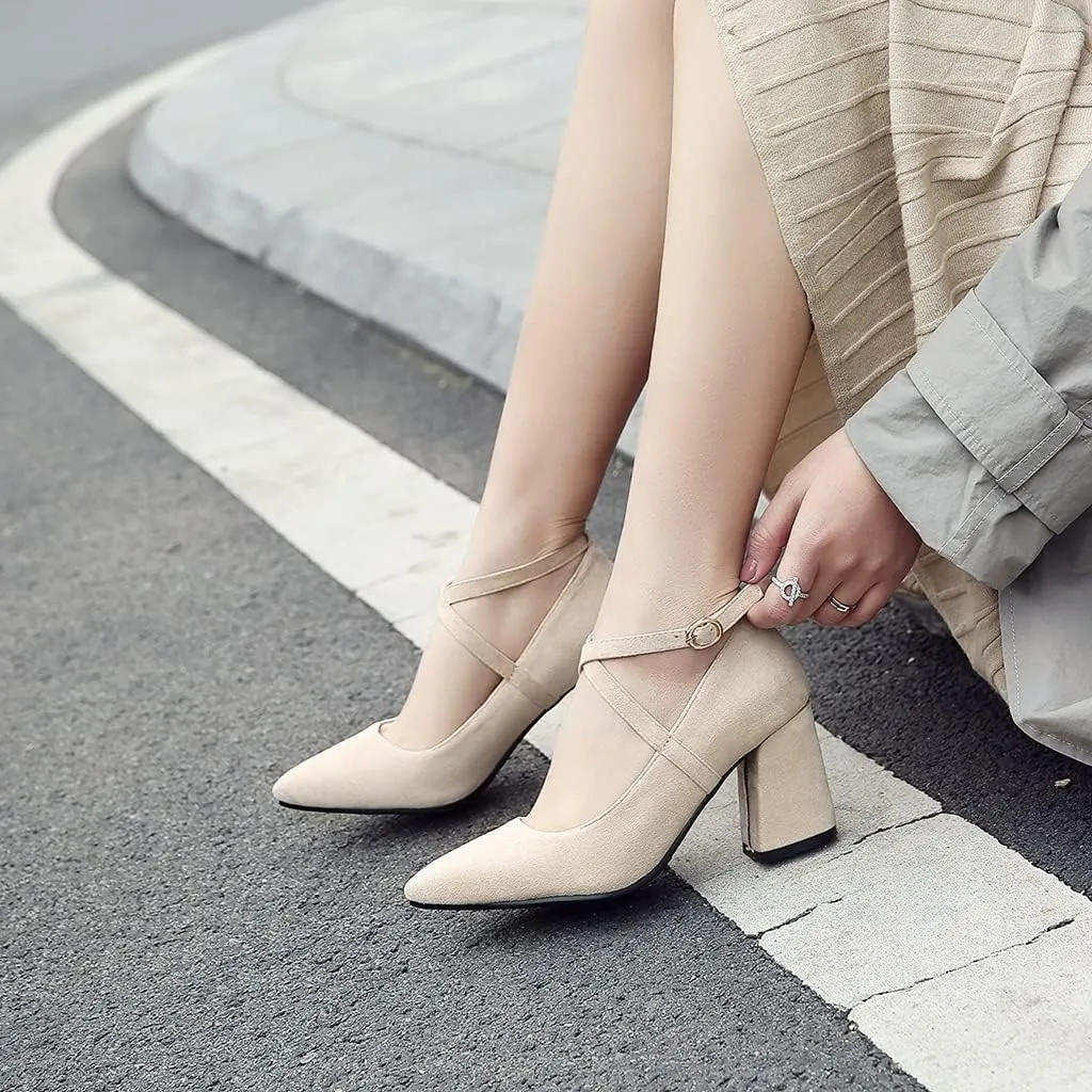 MIOKE Women's Fashion Pointed Toe Mid Block Heel Pumps Suede Pearl Buckle Strap Classic Elegant Dress Shoes