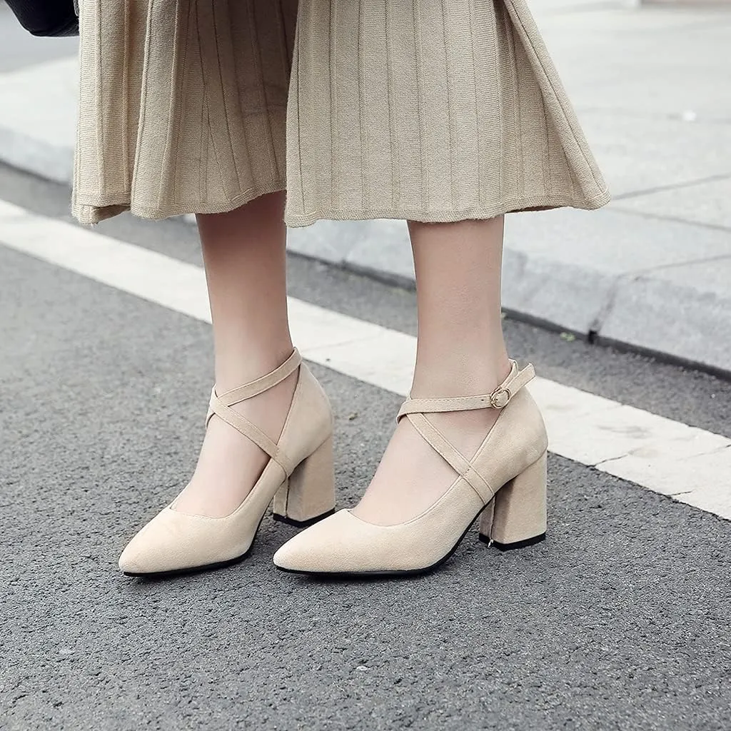 MIOKE Women's Fashion Pointed Toe Mid Block Heel Pumps Suede Pearl Buckle Strap Classic Elegant Dress Shoes