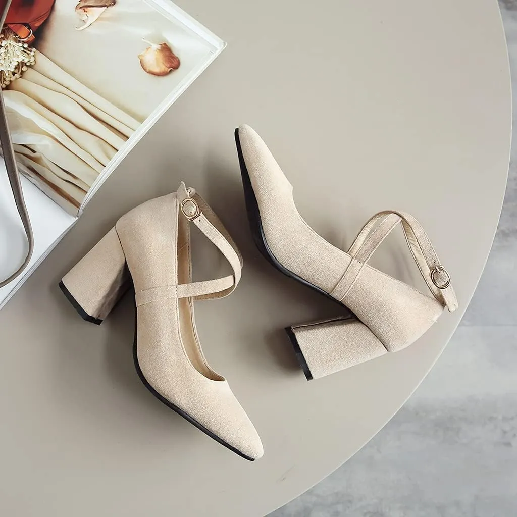 MIOKE Women's Fashion Pointed Toe Mid Block Heel Pumps Suede Pearl Buckle Strap Classic Elegant Dress Shoes