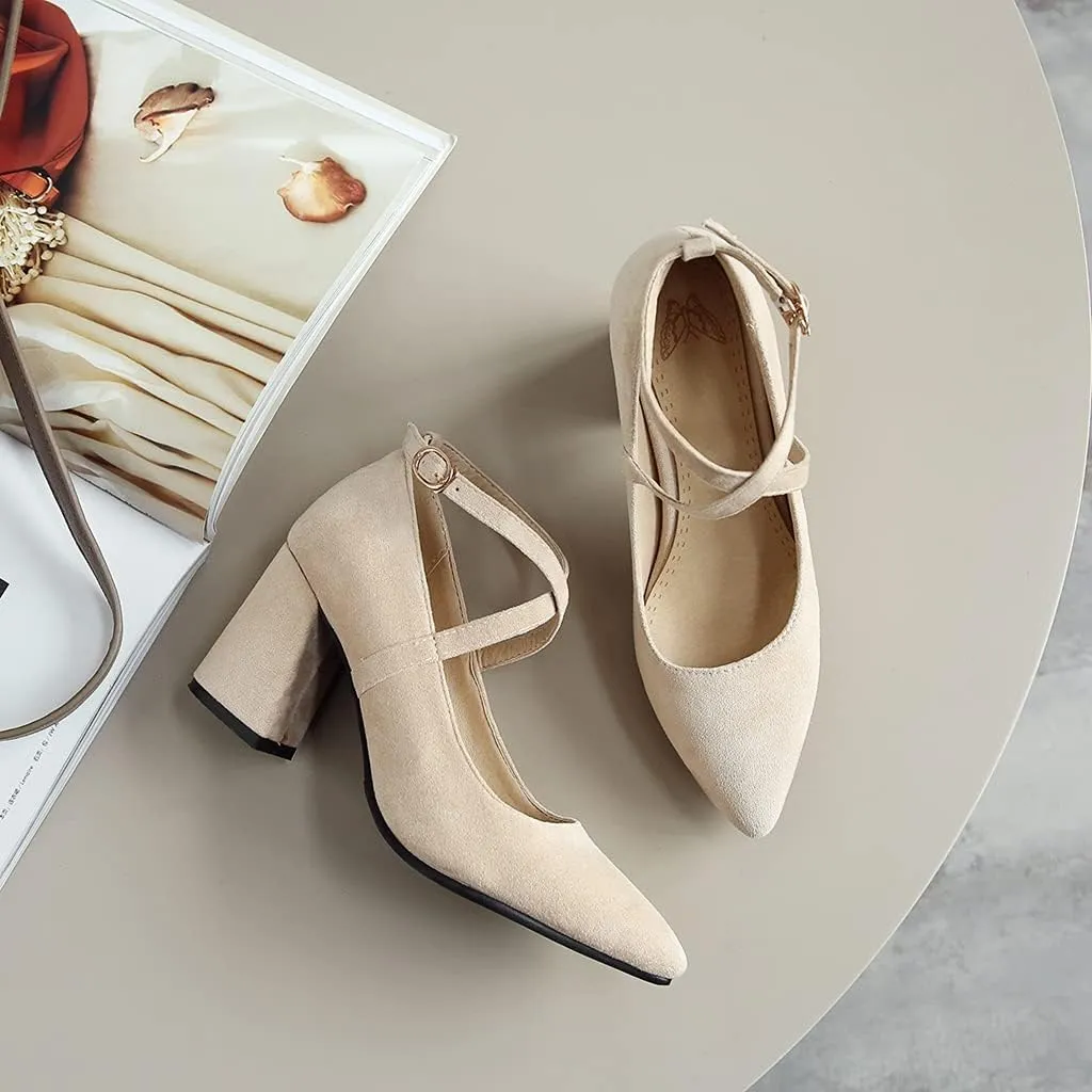 MIOKE Women's Fashion Pointed Toe Mid Block Heel Pumps Suede Pearl Buckle Strap Classic Elegant Dress Shoes