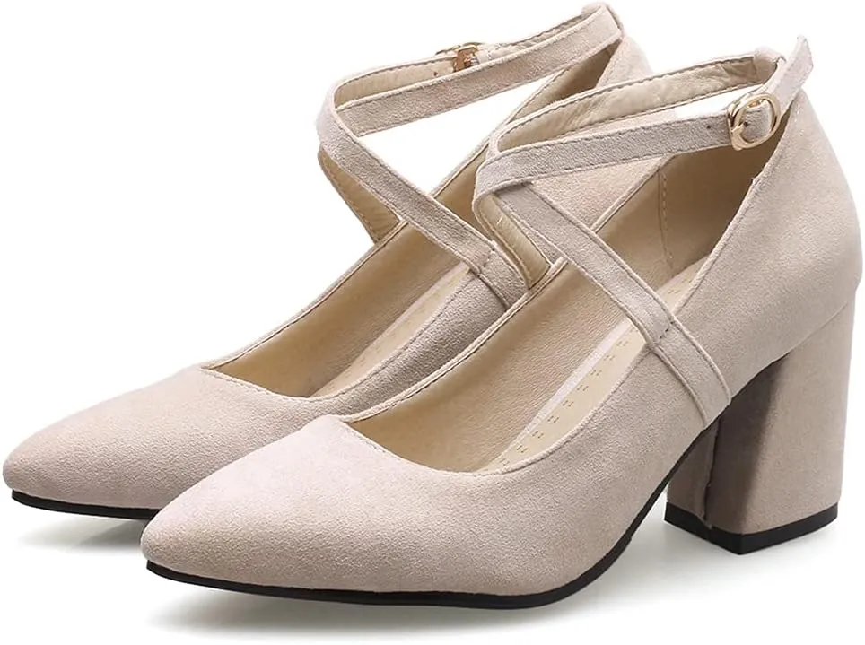 MIOKE Women's Fashion Pointed Toe Mid Block Heel Pumps Suede Pearl Buckle Strap Classic Elegant Dress Shoes