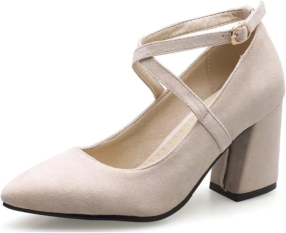 MIOKE Women's Fashion Pointed Toe Mid Block Heel Pumps Suede Pearl Buckle Strap Classic Elegant Dress Shoes