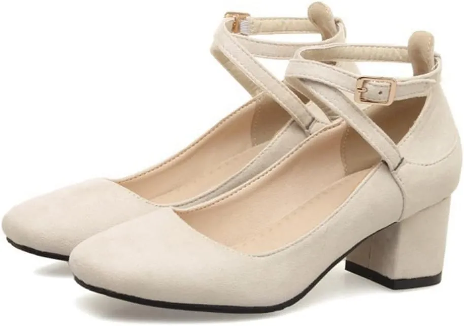 MIOKE Women's Square Toe Chunky Mid Block Heel Pumps Suede Comfy Cross Strap Elegant Mary Jane Dress Shoes