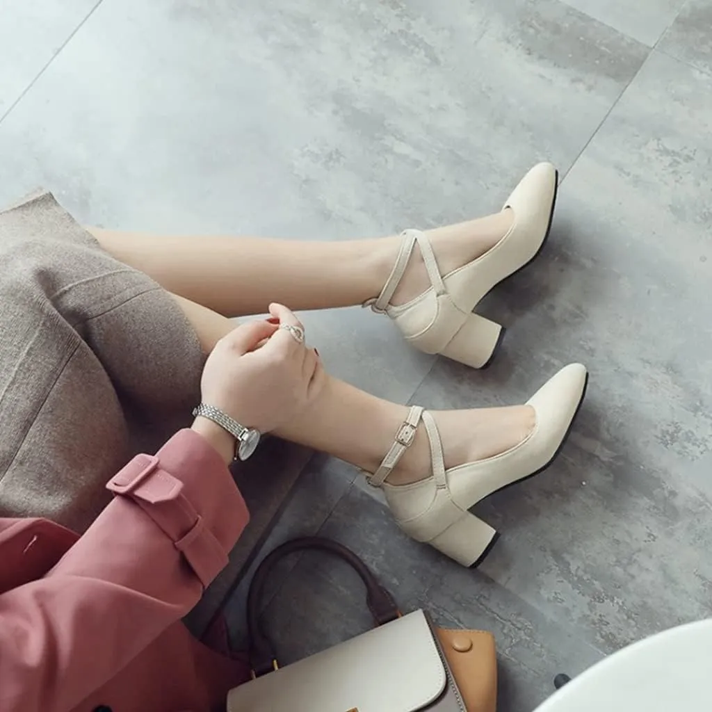 MIOKE Women's Square Toe Chunky Mid Block Heel Pumps Suede Comfy Cross Strap Elegant Mary Jane Dress Shoes