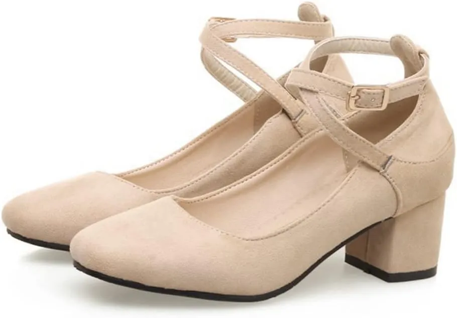 MIOKE Women's Square Toe Chunky Mid Block Heel Pumps Suede Comfy Cross Strap Elegant Mary Jane Dress Shoes