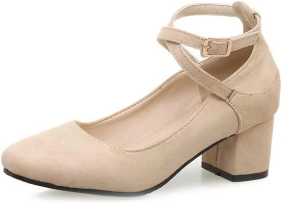 MIOKE Women's Square Toe Chunky Mid Block Heel Pumps Suede Comfy Cross Strap Elegant Mary Jane Dress Shoes
