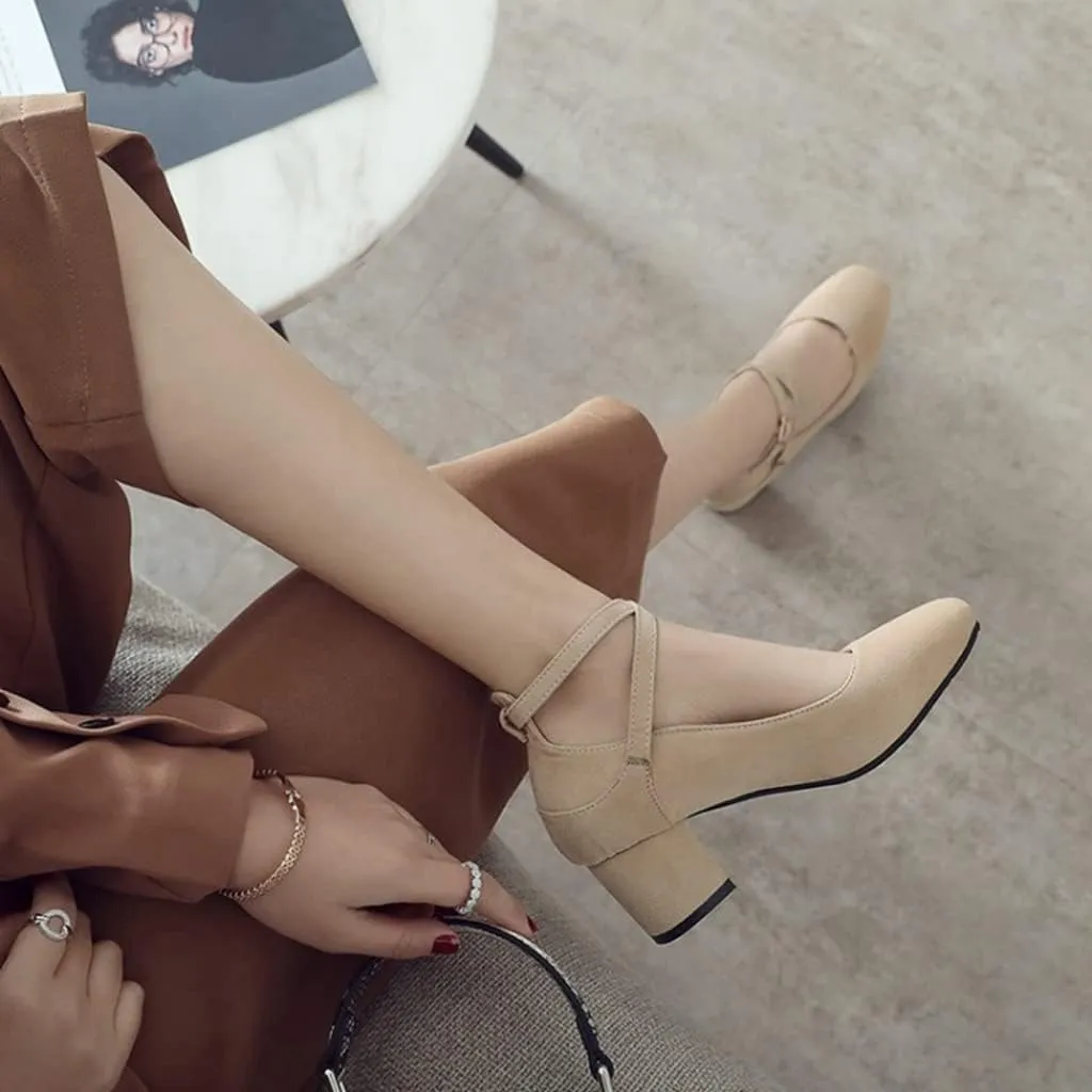 MIOKE Women's Square Toe Chunky Mid Block Heel Pumps Suede Comfy Cross Strap Elegant Mary Jane Dress Shoes