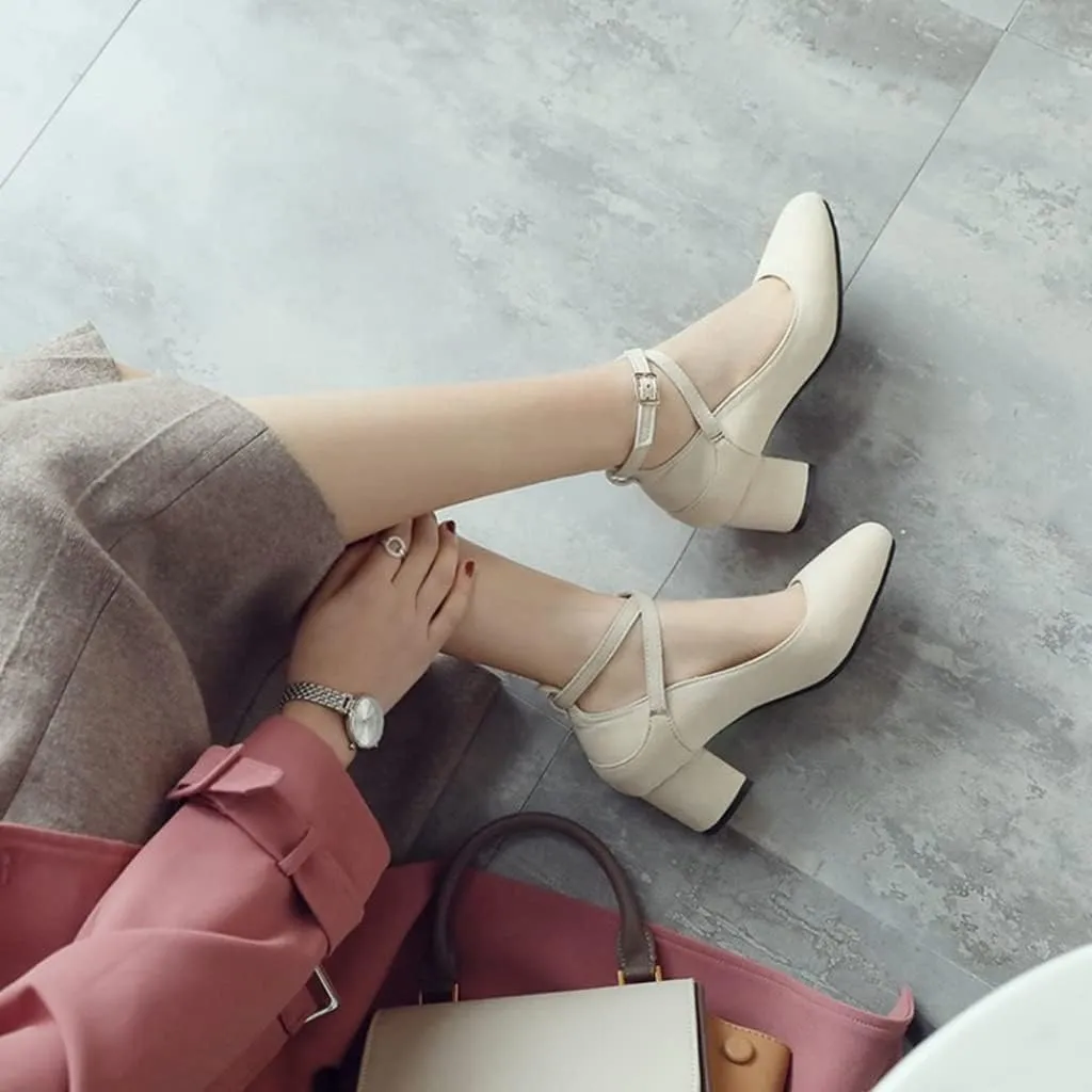 MIOKE Women's Square Toe Chunky Mid Block Heel Pumps Suede Comfy Cross Strap Elegant Mary Jane Dress Shoes