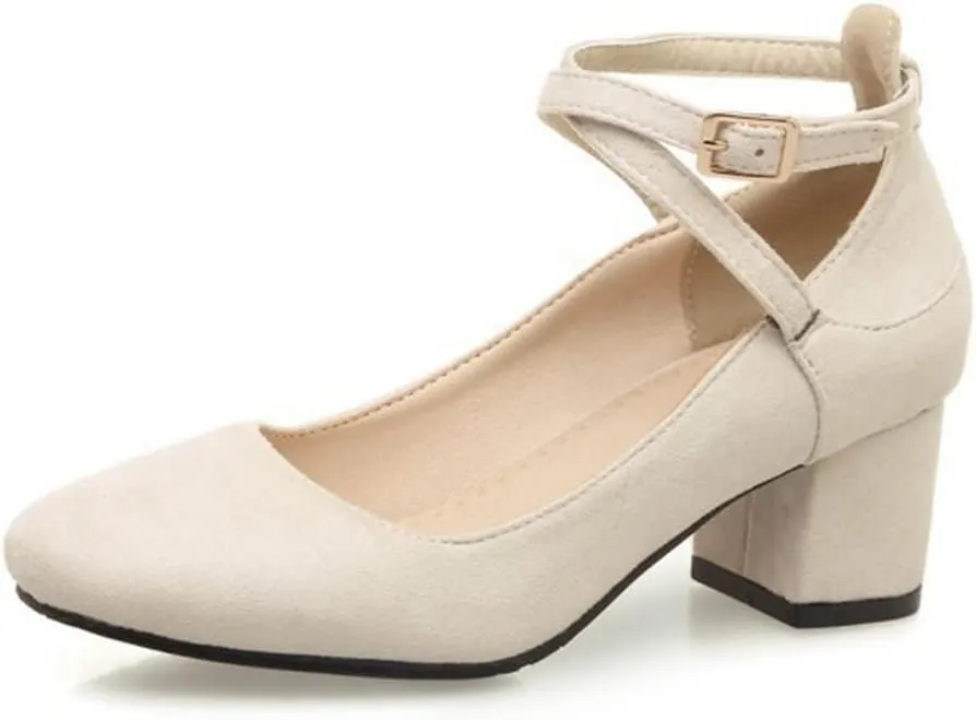 MIOKE Women's Square Toe Chunky Mid Block Heel Pumps Suede Comfy Cross Strap Elegant Mary Jane Dress Shoes
