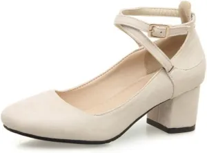 MIOKE Women's Square Toe Chunky Mid Block Heel Pumps Suede Comfy Cross Strap Elegant Mary Jane Dress Shoes