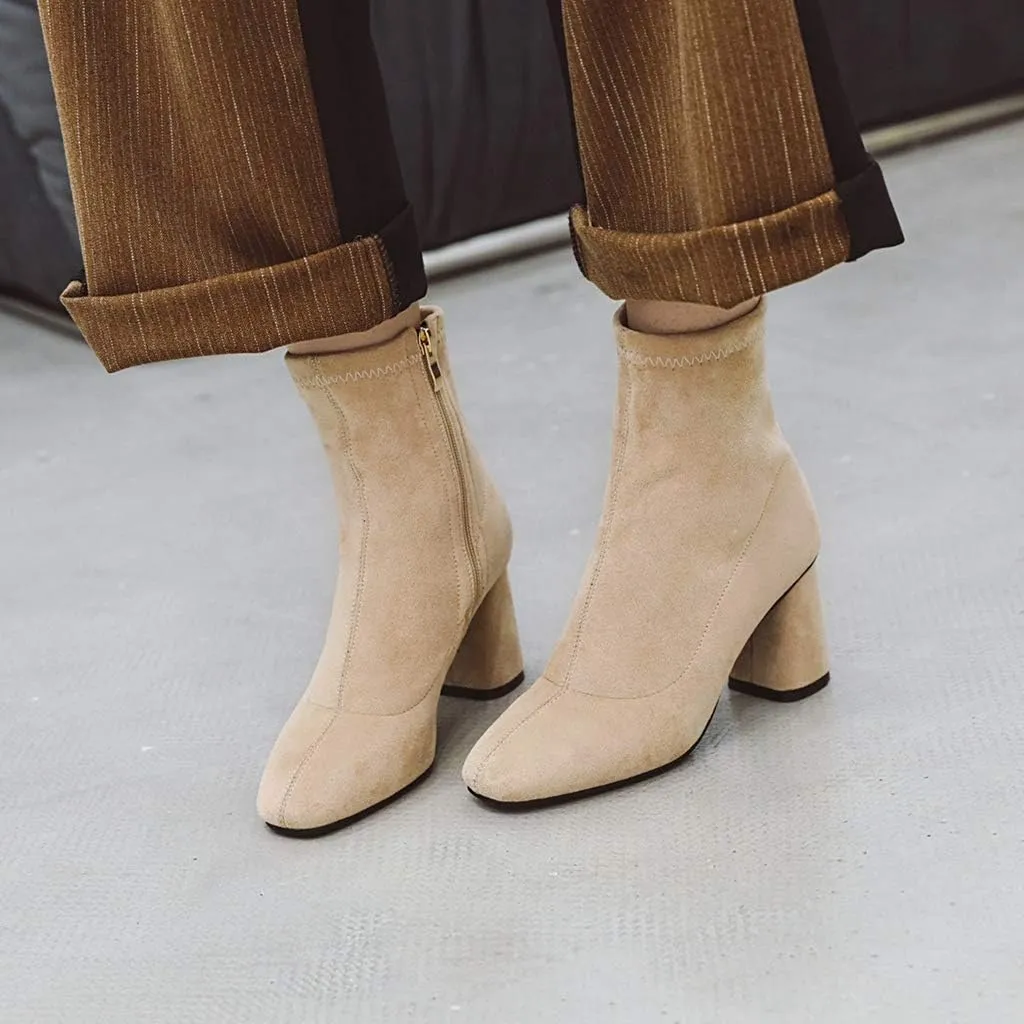 MIOKE Women's Square Toe Stretch Ankle Boots Vegan Suede Zipper Chunky Block High Heel Dressy Short Booties