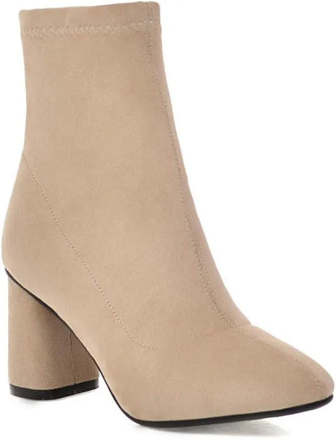 MIOKE Women's Square Toe Stretch Ankle Boots Vegan Suede Zipper Chunky Block High Heel Dressy Short Booties