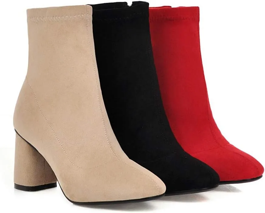 MIOKE Women's Square Toe Stretch Ankle Boots Vegan Suede Zipper Chunky Block High Heel Dressy Short Booties