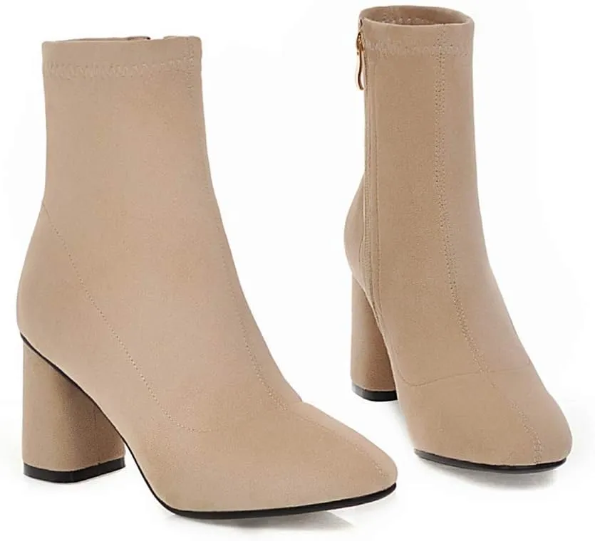 MIOKE Women's Square Toe Stretch Ankle Boots Vegan Suede Zipper Chunky Block High Heel Dressy Short Booties