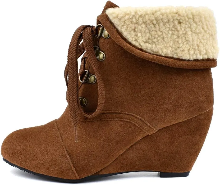 MIOKE Women's Winter Fur Wedge Ankle Boots Suede Round Toe Lace Up Chunky High Heel Cuff Dressy Short Bootie