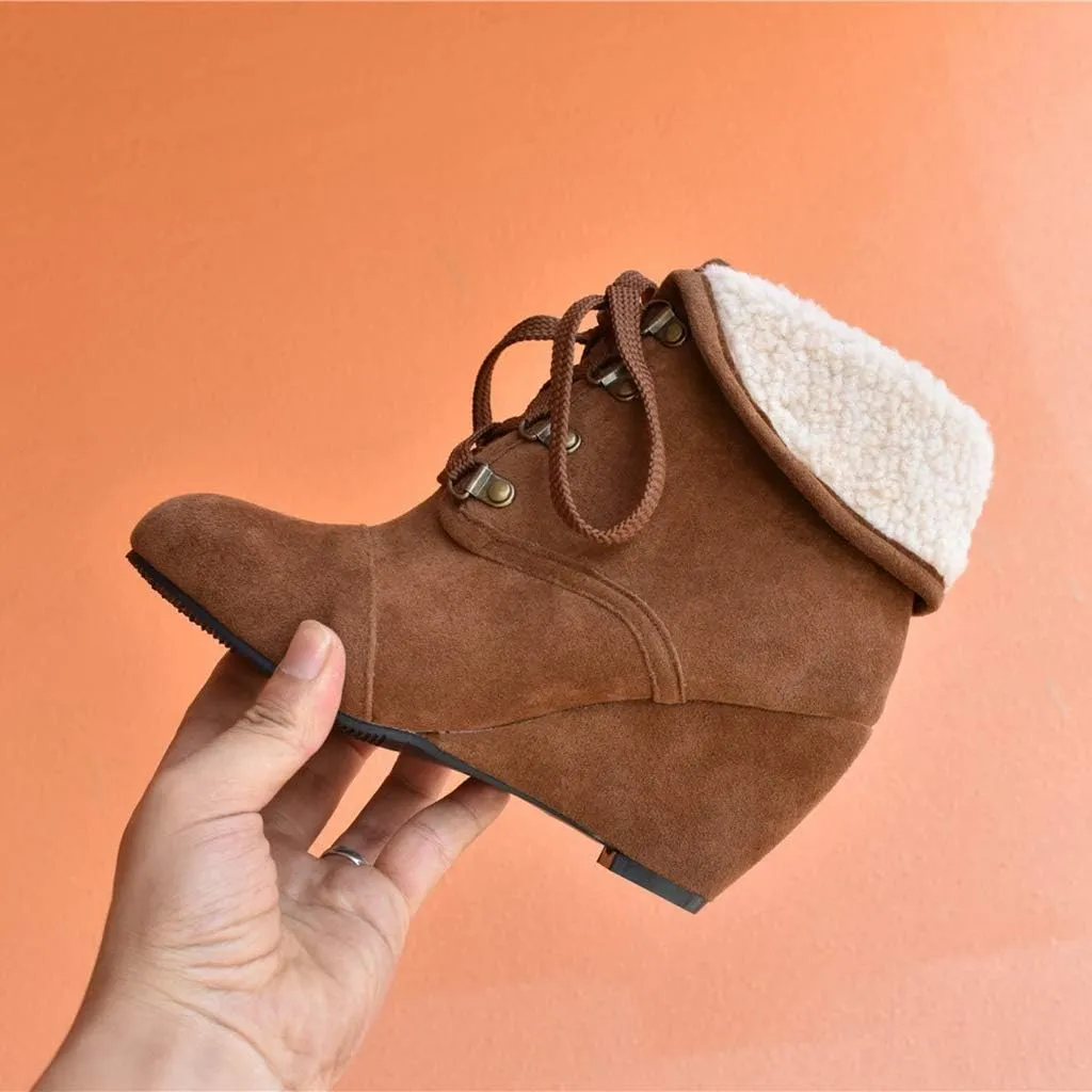 MIOKE Women's Winter Fur Wedge Ankle Boots Suede Round Toe Lace Up Chunky High Heel Cuff Dressy Short Bootie