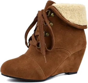 MIOKE Women's Winter Fur Wedge Ankle Boots Suede Round Toe Lace Up Chunky High Heel Cuff Dressy Short Bootie