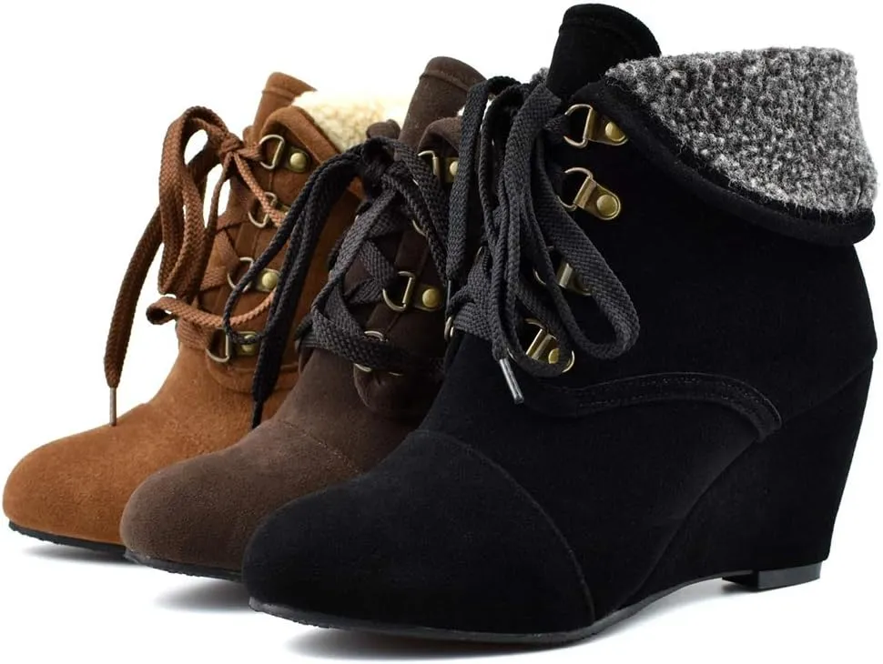 MIOKE Women's Winter Fur Wedge Ankle Boots Suede Round Toe Lace Up Chunky High Heel Cuff Dressy Short Bootie