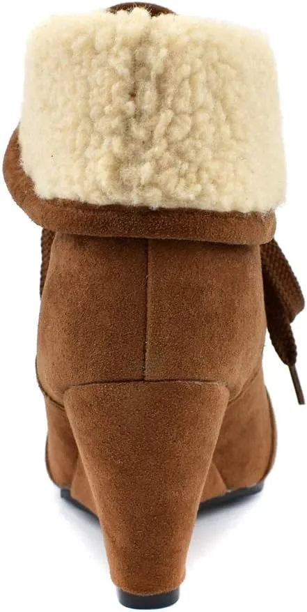 MIOKE Women's Winter Fur Wedge Ankle Boots Suede Round Toe Lace Up Chunky High Heel Cuff Dressy Short Bootie