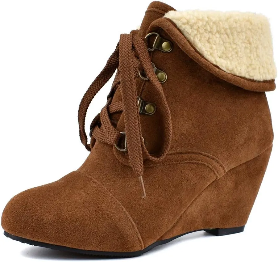 MIOKE Women's Winter Fur Wedge Ankle Boots Suede Round Toe Lace Up Chunky High Heel Cuff Dressy Short Bootie
