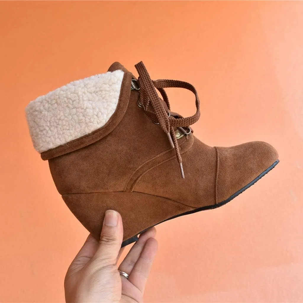MIOKE Women's Winter Fur Wedge Ankle Boots Suede Round Toe Lace Up Chunky High Heel Cuff Dressy Short Bootie