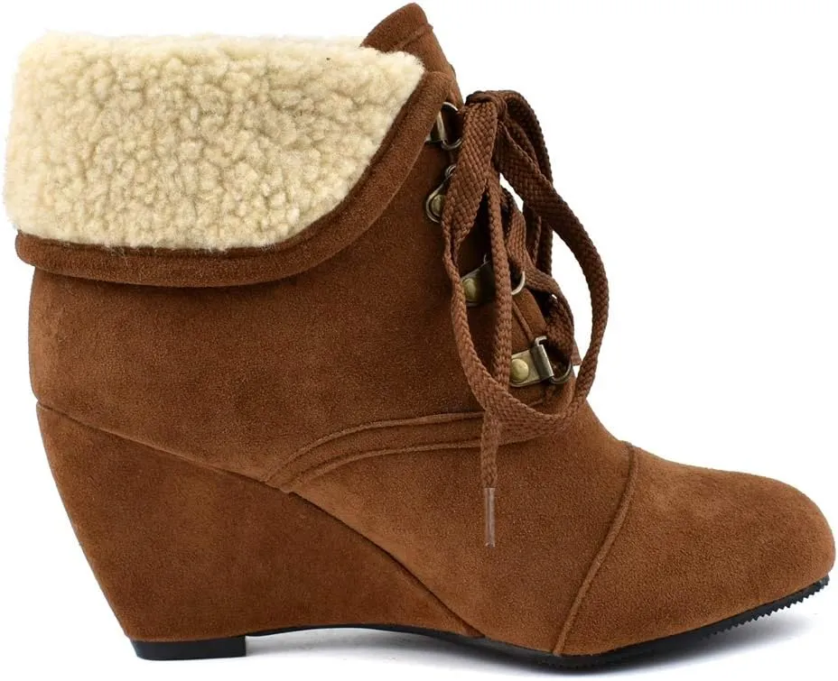 MIOKE Women's Winter Fur Wedge Ankle Boots Suede Round Toe Lace Up Chunky High Heel Cuff Dressy Short Bootie
