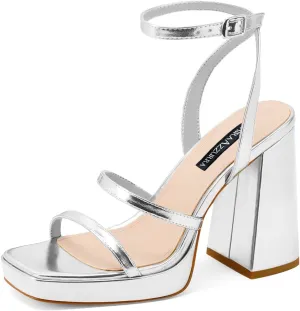 MIRAAZZURRA Platform Strappy Heel Sandals Square Open Toe Two Strap Chunky High Heeled Sandals with Buckle Ankle Strap for Women Party Wedding Dress
