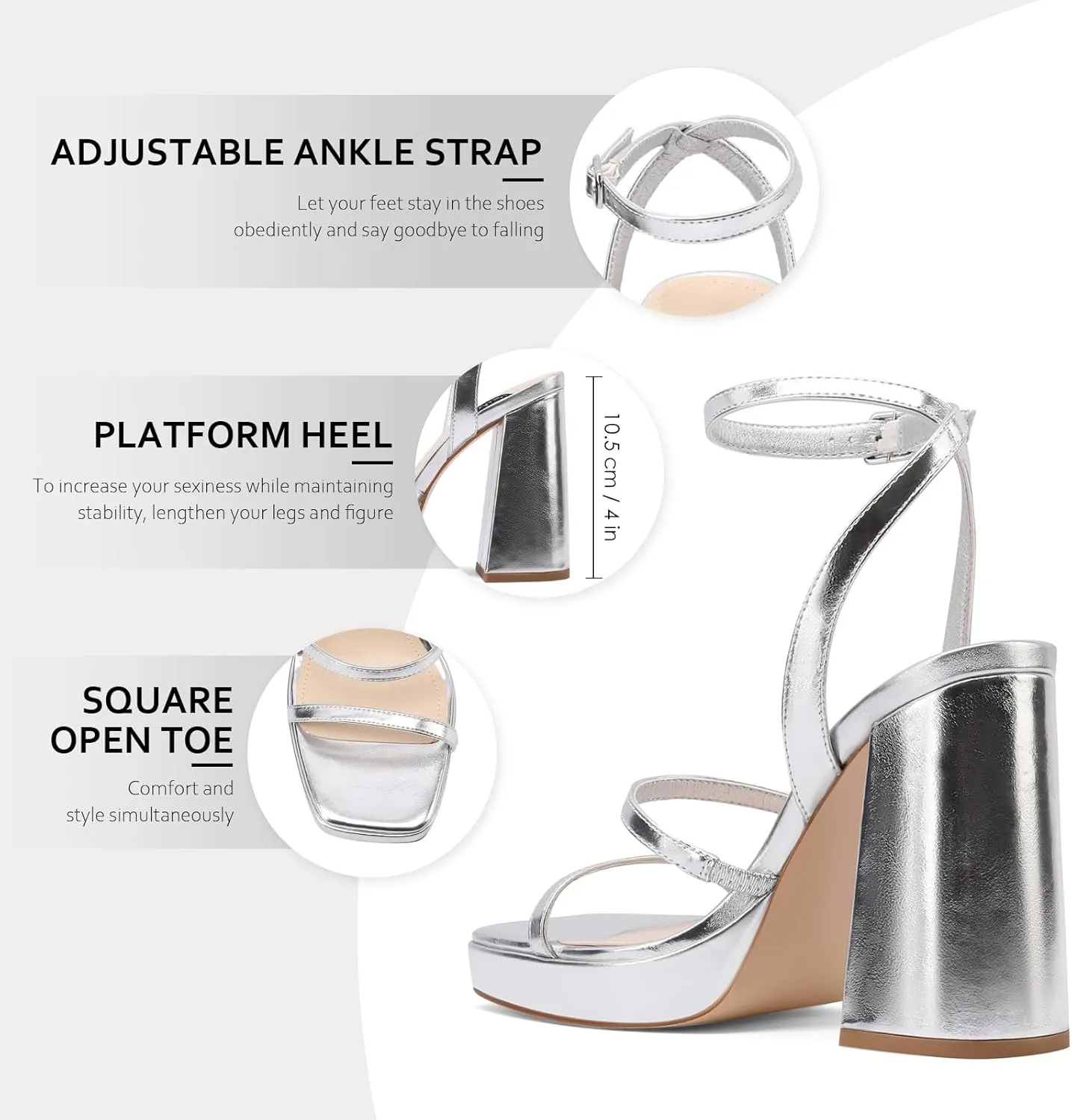 MIRAAZZURRA Platform Strappy Heel Sandals Square Open Toe Two Strap Chunky High Heeled Sandals with Buckle Ankle Strap for Women Party Wedding Dress