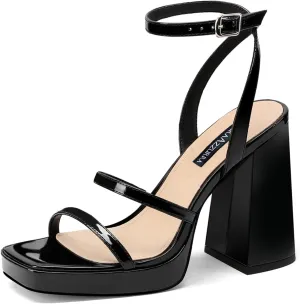MIRAAZZURRA Platform Strappy Heel Sandals Square Open Toe Two Strap Chunky High Heeled Sandals with Buckle Ankle Strap for Women Party Wedding Dress