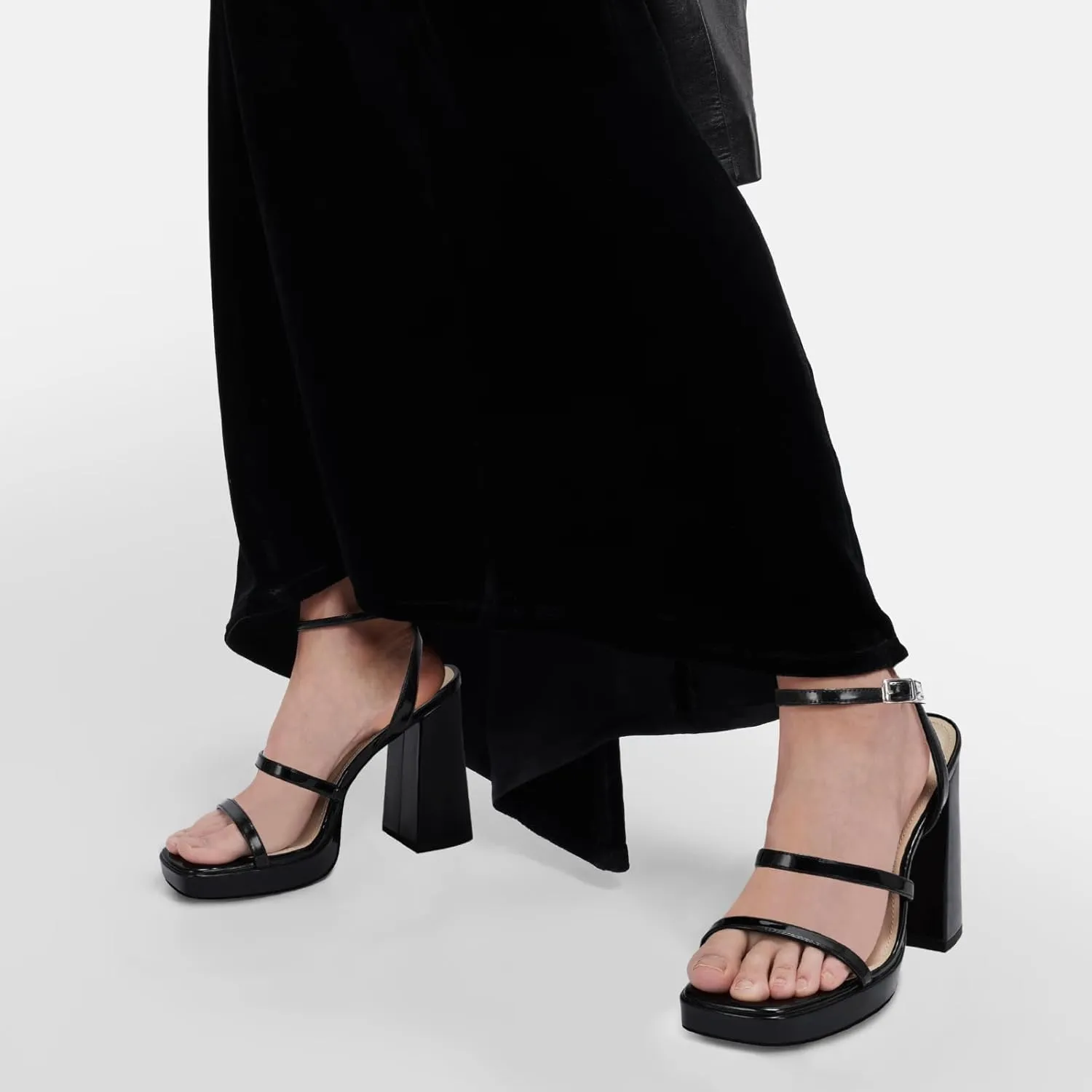 MIRAAZZURRA Platform Strappy Heel Sandals Square Open Toe Two Strap Chunky High Heeled Sandals with Buckle Ankle Strap for Women Party Wedding Dress